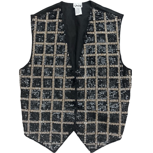 Vintage Y2k Sequin Beaded Vest-black and white check -medium - Picture 1 of 5